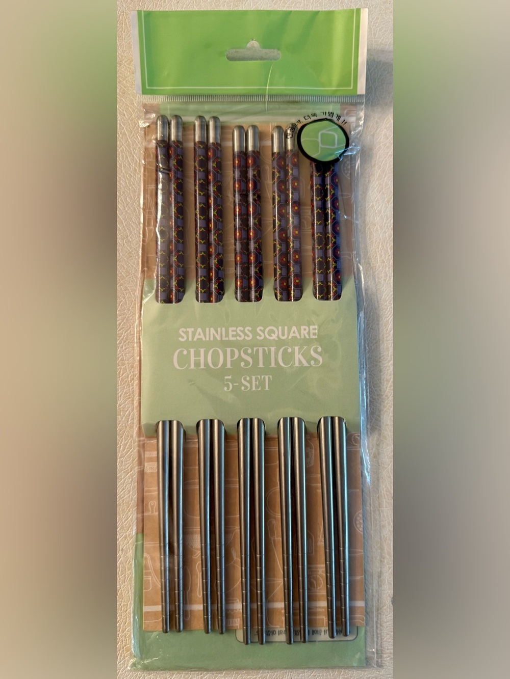 Stainless Square Chopsticks 5-Set - Silver with Patterned Handles - import New